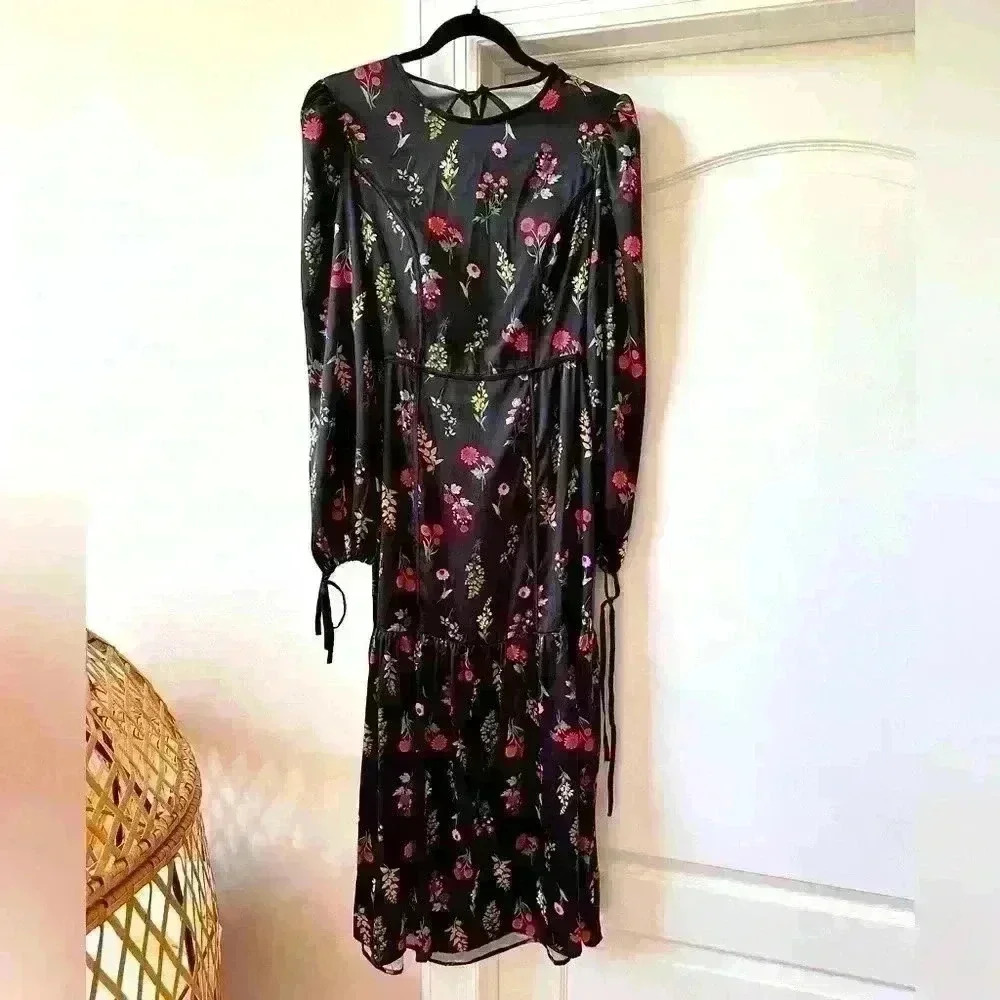 Asos Black Floral Midi Dress Size 6 Long Sleeve Open Back Party Wedding
